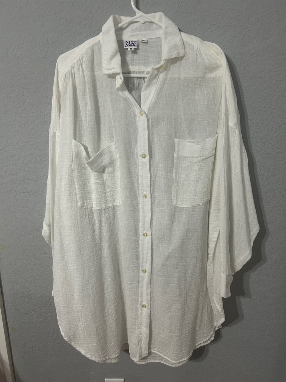 Dotti White Lightweight Button-Front Midi Dress/Shirt Size M Oversized Cotton
